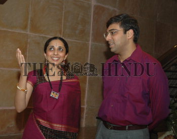 Chess wizard Viswanathan Anand during an interaction with his dancer-wife  Aruna Anand in Chennai on