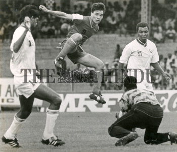 Kiran Khongsai Of India Leaps In The Air To Avoid The Omani Goalkeeper Suleiman Khamis The Hindu Images