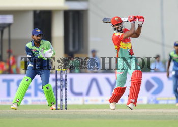 Madurai Super Giant batsman K.B. Arun Karthik plays a shot during the match  against